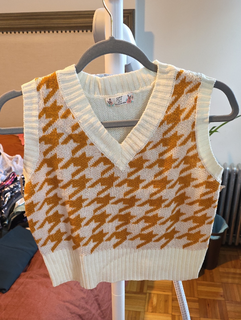 FCT Mustard and Cream Houndstooth V-Neck Sweater Vest